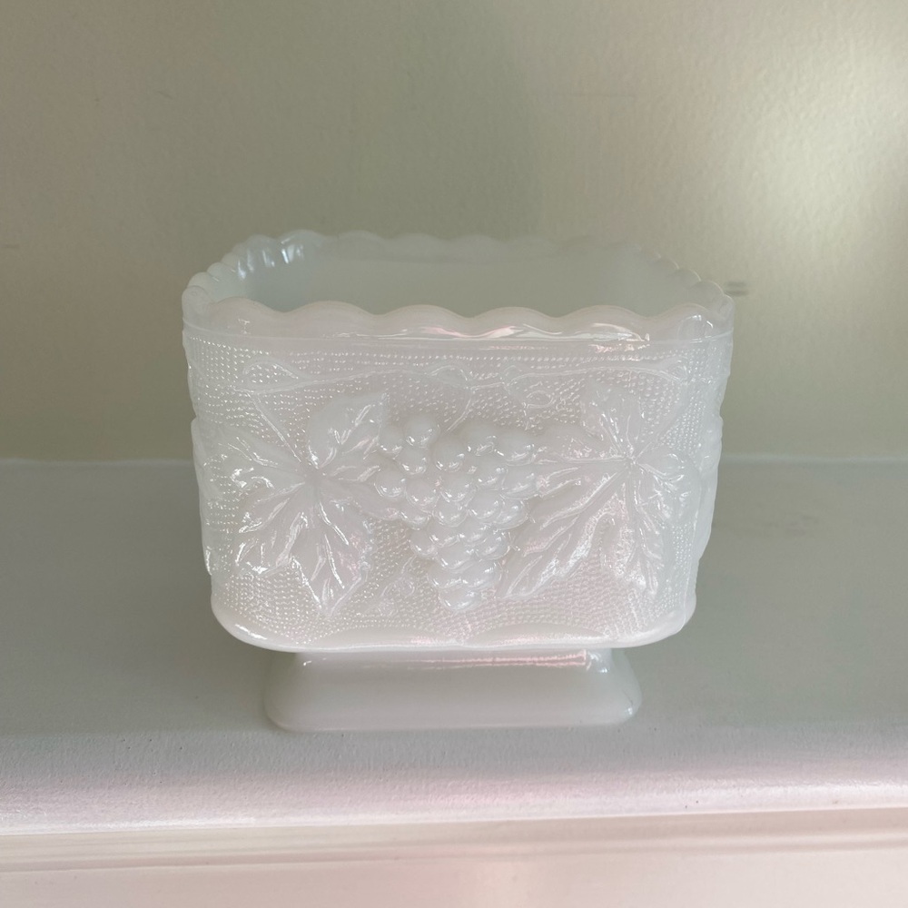Vintage square grapevine milk glass footed compote dish 4”x4.5”
